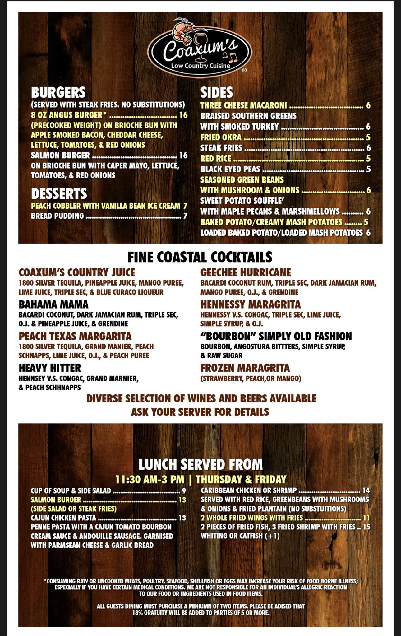Menu Coaxums Low Country Cuisine
