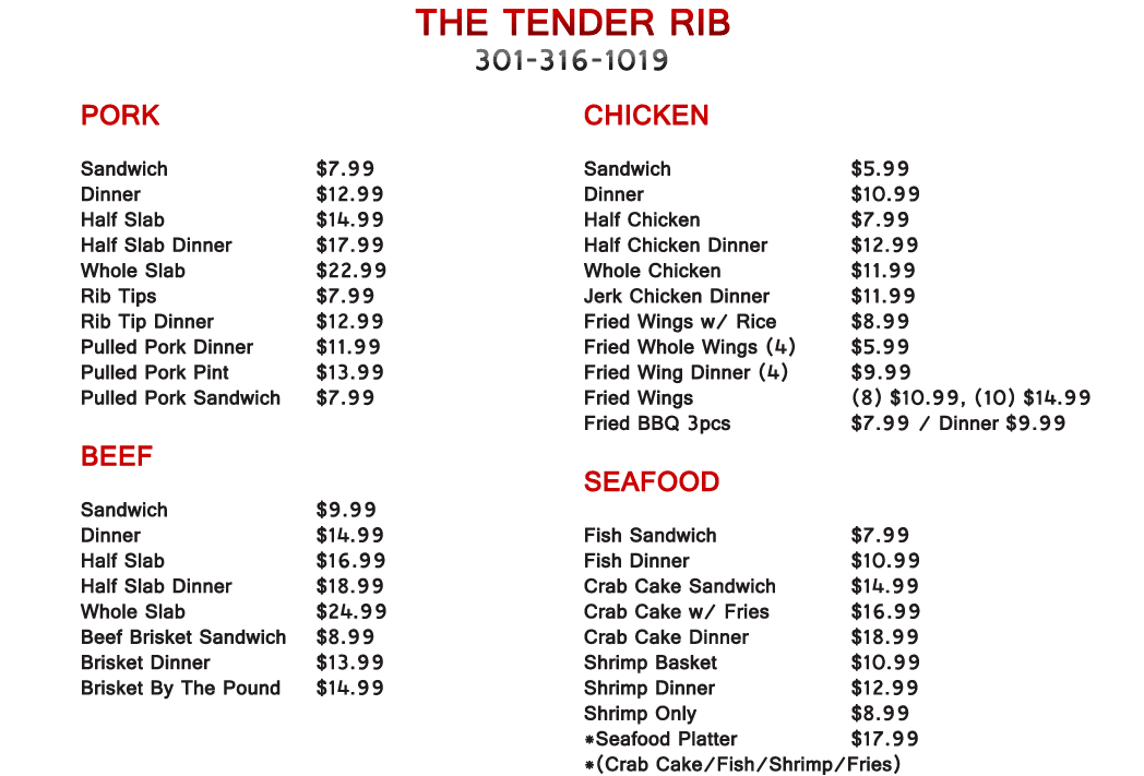 Tender Menu The Tender Rib