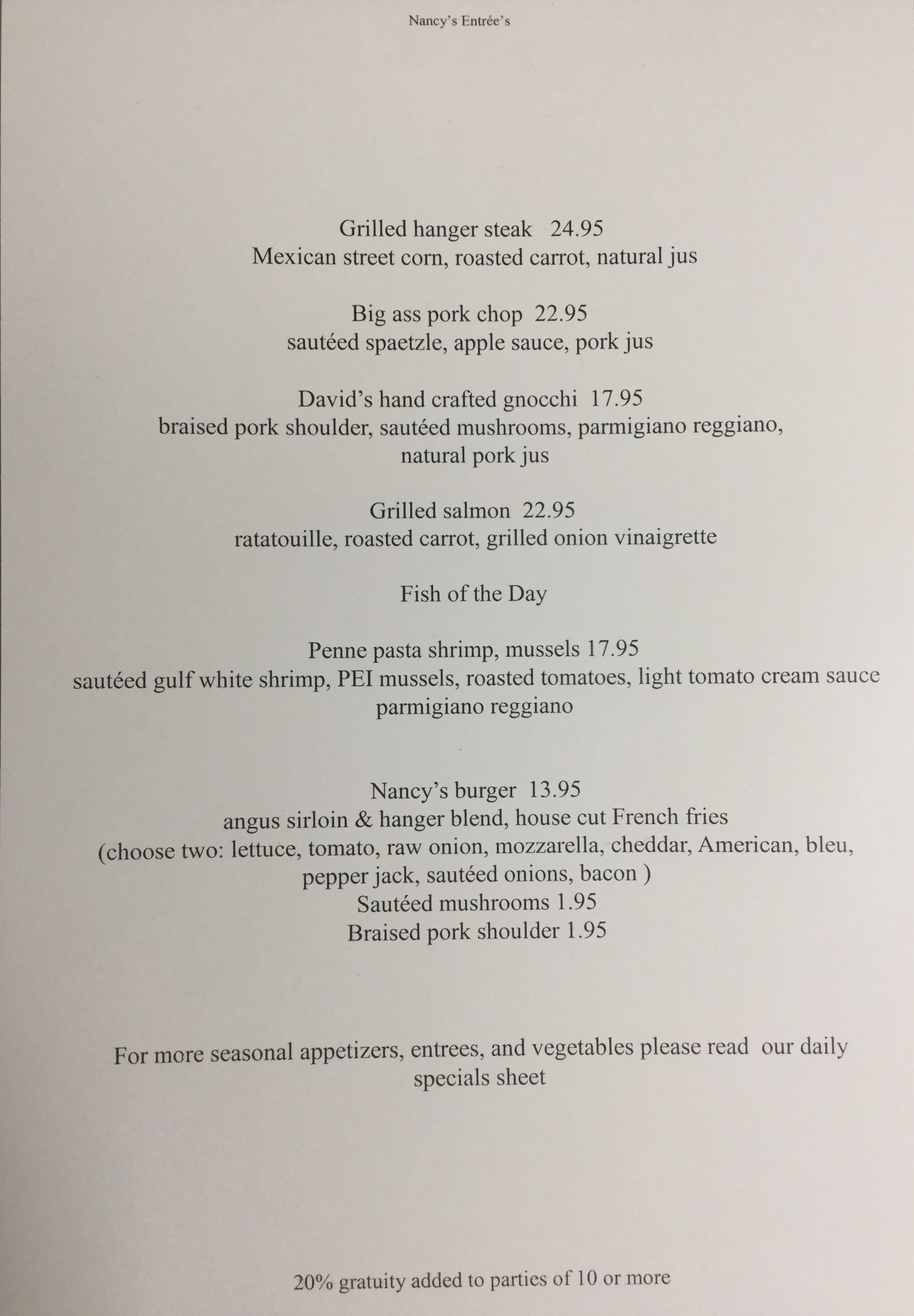 Nancy's Dinner Menu Nancy's Restaurant